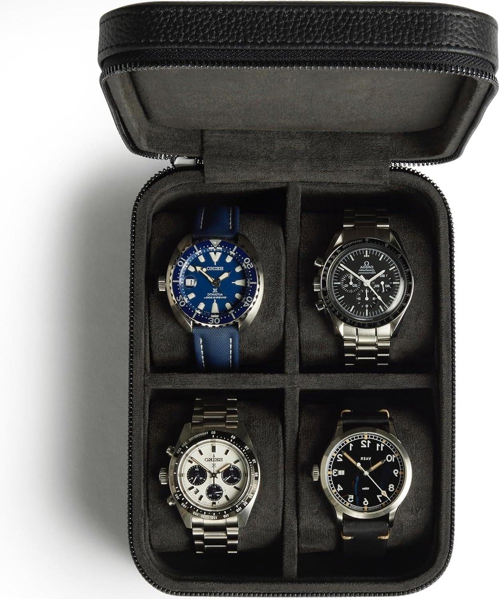 Leren Horlogedoos - Horloge Koffer - Veilig Opbergen - Gevoerde Compartimenten - 4 Vakken - Zwart