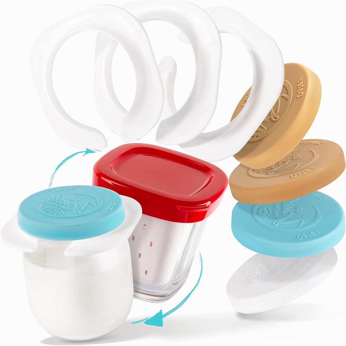 Yoghurtpot Adapters en Dekels - Yoghurtmaker Accessoires - Yoghurt Maken - Herbruikbare Glaspotten - 12 Adapters 18 Dekels - Multicolor