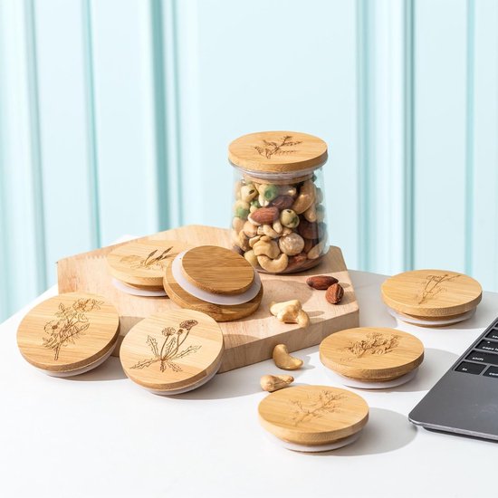 Yoghurtpot Deksel - Bamboe Deksel Set - Yoghurt Pot Afdekken - Met Siliconen Afdichting - 12 stuks - Houtkleur van Merkloos — afbeelding 4