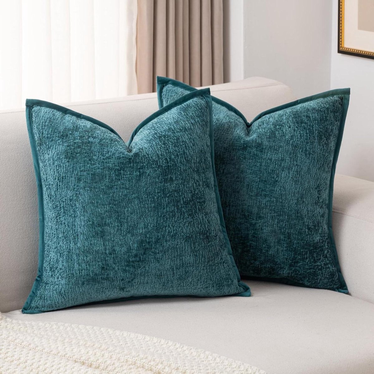 Sierkussenslopen Chenille - Kussenhoezen Bank - Woonkamer Decoratie - Gebonden Rand Design - 55 x 55 cm - Turkoois