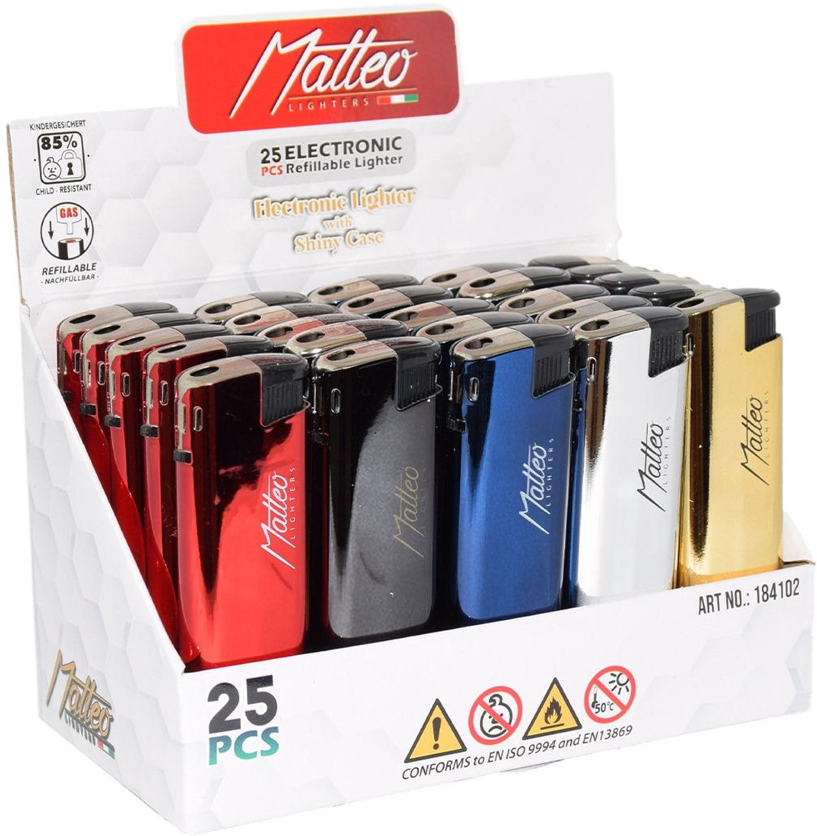 Matteo Metal Case JetFlame Navulbare Turbo Aanstekers "Minimalist" Display 25 stuks