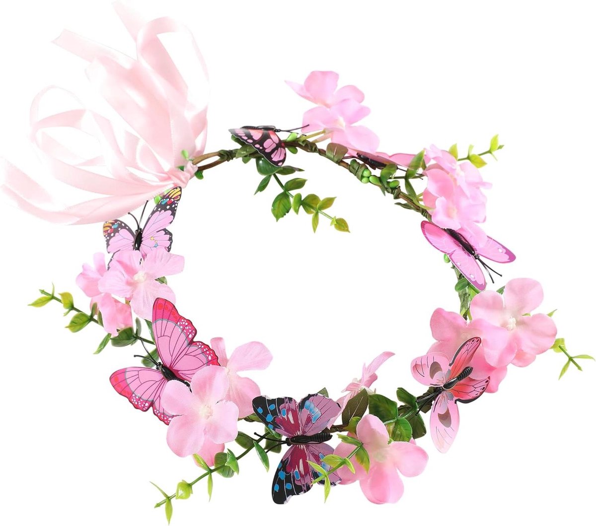 Bloemenkroon - Bloemen hoofdband - Feestelijk accent - Verstelbaar met vlinders - 24 x 21 cm - Roze
