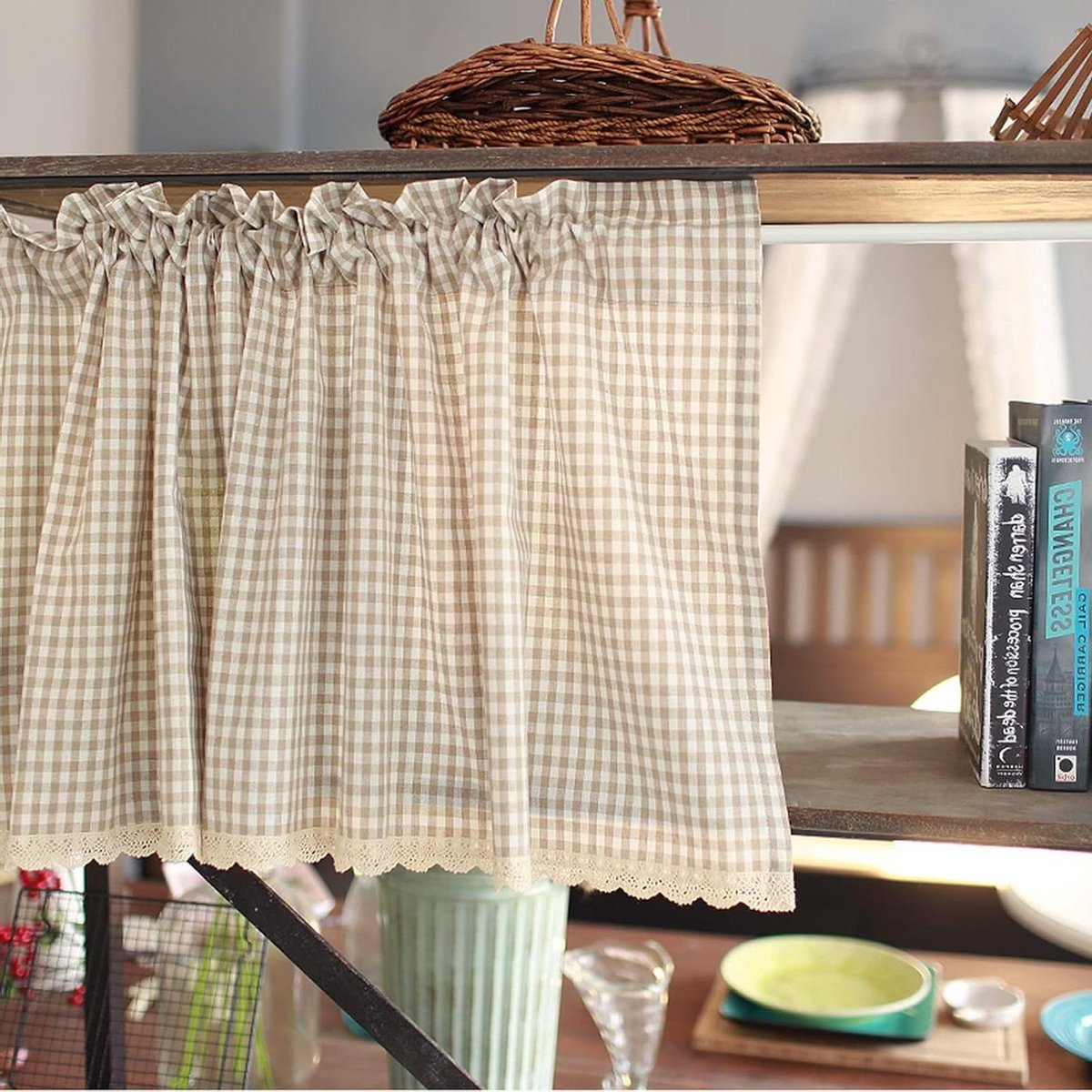 Kort Gordijn Valance - Raambekleding Valletje - Privacy en Decoratie - Met Staafzak - 70x90 cm - Licht Kaki Geruit