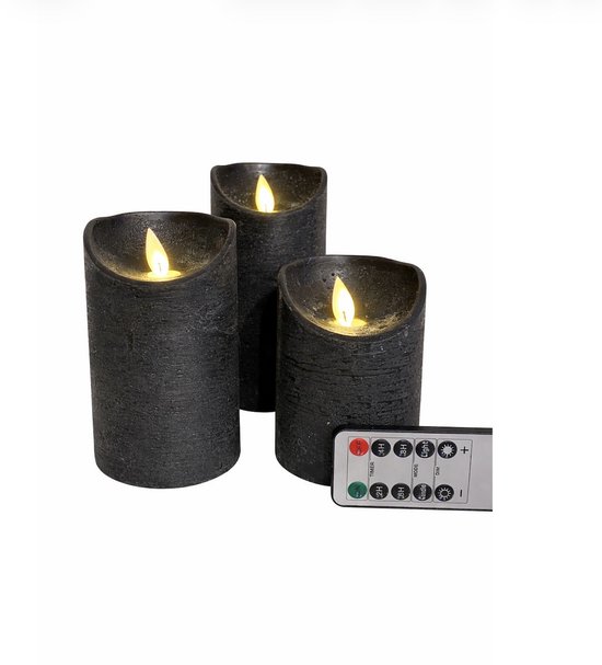LED kaarsen met bewegende vlam 3x - Zwart - Black - Afstandsbediening - Stompkaars rustiek wax - LED kaars batterij - 7.5 x 10 12.5 15 cm