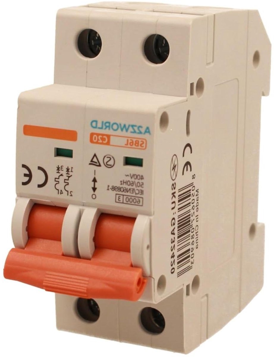 Stroomonderbreker 20A - Automatische zekering - Beveiliging installatie - C-curve inductief - 2 modules - Grijs