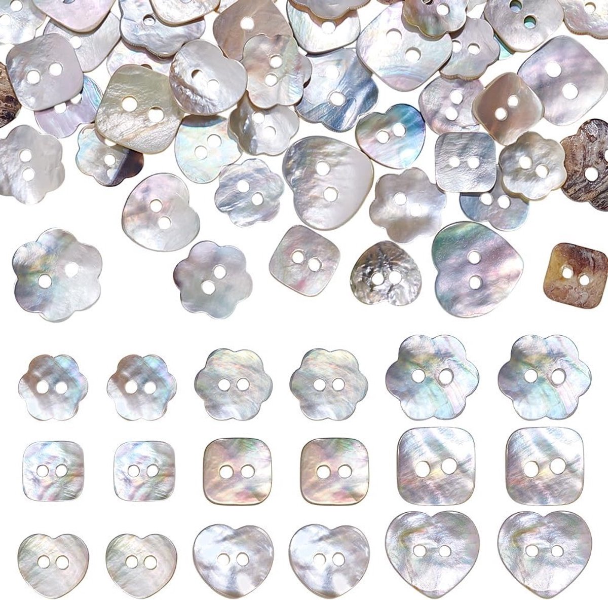 90 Stuks Natuurlijke Schelp Knopen in 3 Vormen, 10-15mm, 2 Gaten voor Kleding en Creatief Naaiwerk