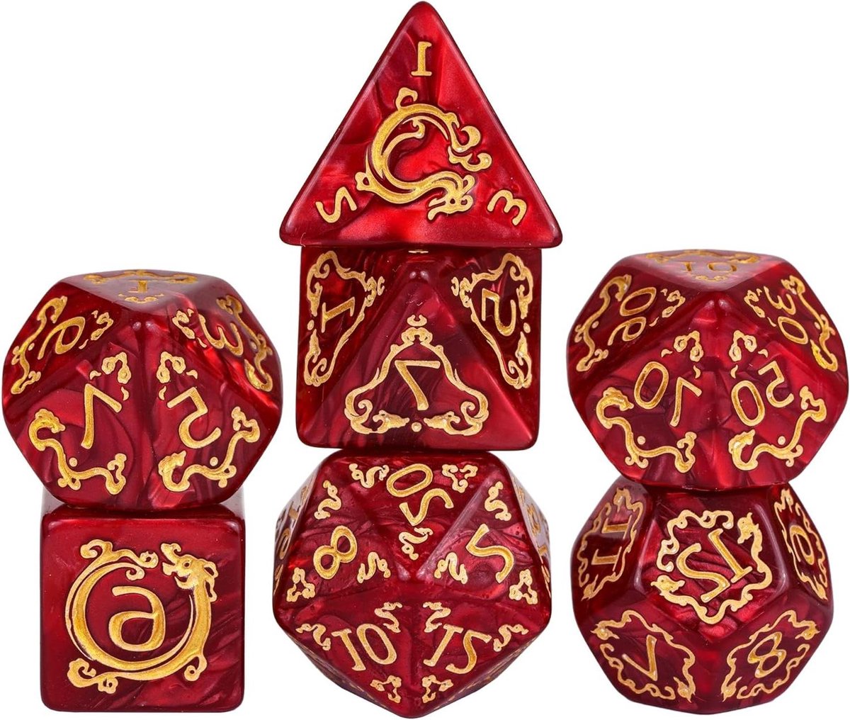 Dobbelstenen Set - RPG Dobbelstenen - Tafelspellen Spelen - Drakenpatroon Design - 7 Stuks - Rood met Goud