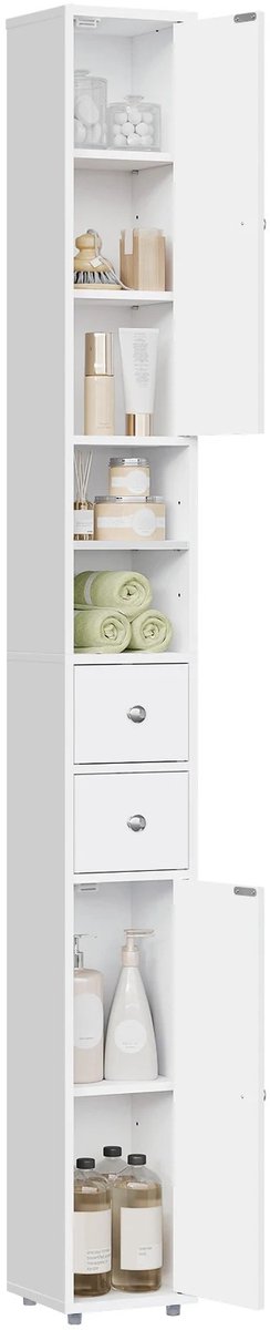 Stervia Badkamerkast - Badkamermeubel - Vochtbestendig - Badkamerkasten Hoog - Smalle Kast - Verstelbare Planken - Wit - 20x20x180cm