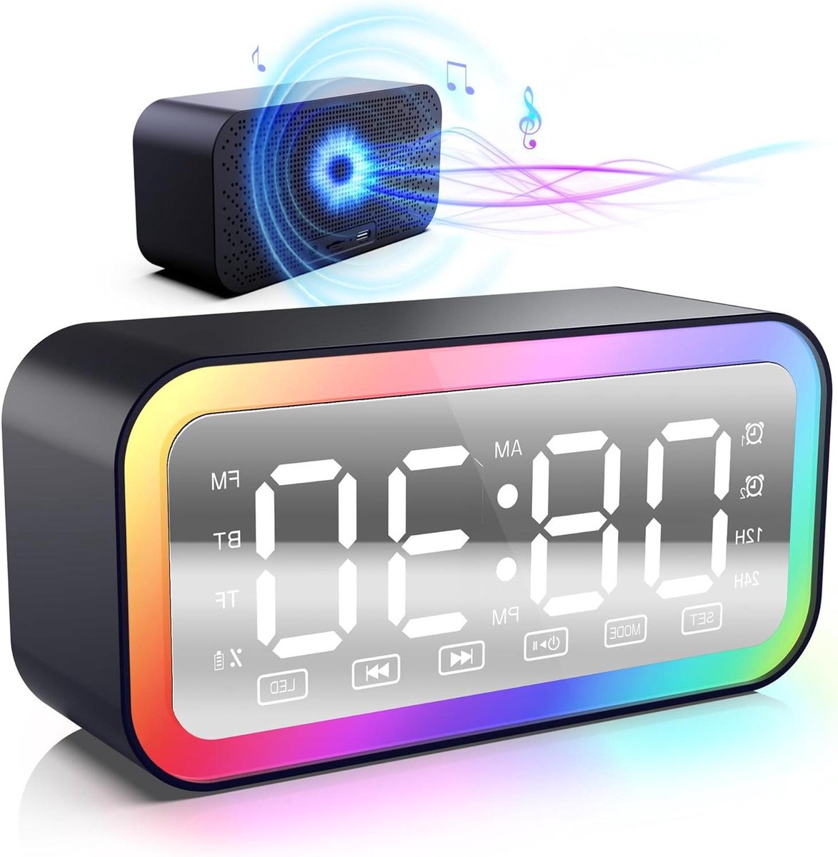 Digitale Wekker Speaker - Nachtkastje Klok Radio - Wakker Worden Muziek Luisteren - Spiegeldisplay RGB Verlichting - Compact Formaat - Zwart