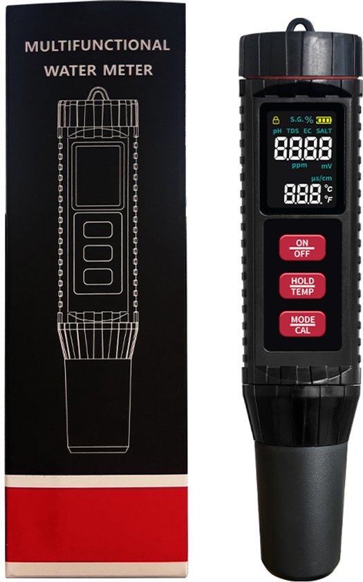 Zwarte 7-in-1 waterkwaliteitstester naast zijn verpakking met opschrift Multifunctional Water Meter.