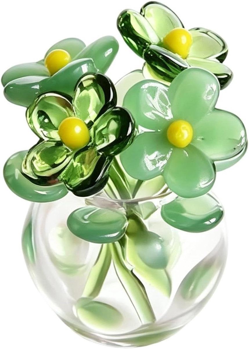 Glazen Bloemen - Miniatuur Boeket - Bureau Decoratie - Handgeblazen Vakmanschap - 3x3x4 cm - Groen