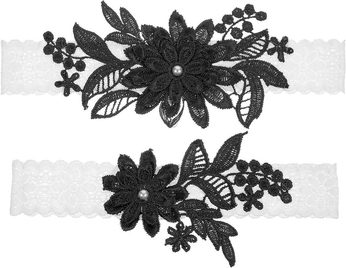 Bruiloft Kousenband Set - Bruids Dijband - Bruiloft Accessoire - Met Bloem Detail - 40 cm Omtrek - Wit