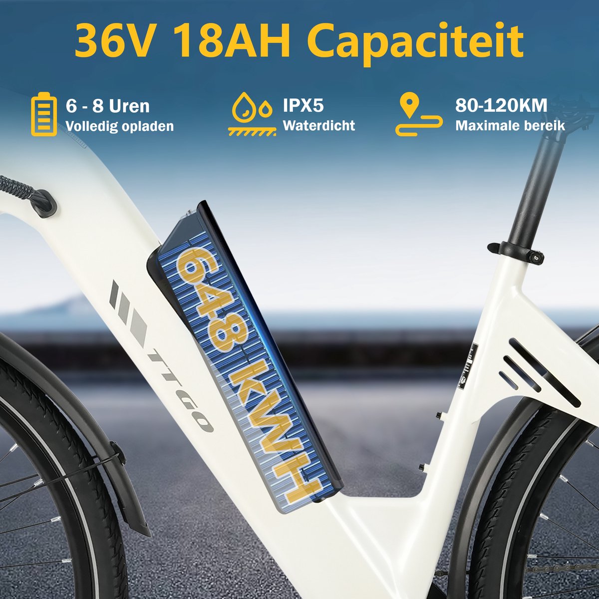Elektrische Fiets TTGO C3 - 36V 18AH Accu - Actieradius Tot 120 Km - Aluminium Lage Instapframe - 28×2.0 Inch Wielen - Shimano 7 Versnellingen - Mechanische Schijfremmen - LCD Display - Elektrische Stadsfiets - Wit thumbnail 6
