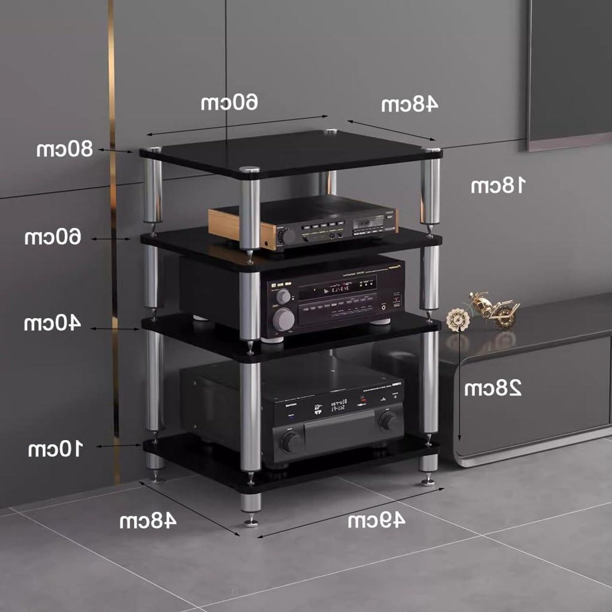 Audio Stand - Hifi Plank - Geluid Verbeteren - Schokabsorberende Voeten - 3/4 Tier - Zwart