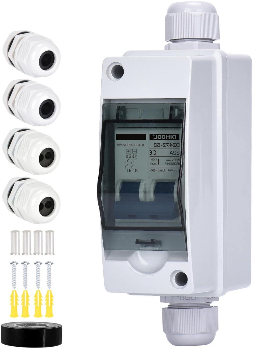 Zekeringsautomaat DC - Stroomonderbreker Zonne-energie - Beveiliging DC Circuits - IP65 Waterdicht - 32A 500V - Grijs
