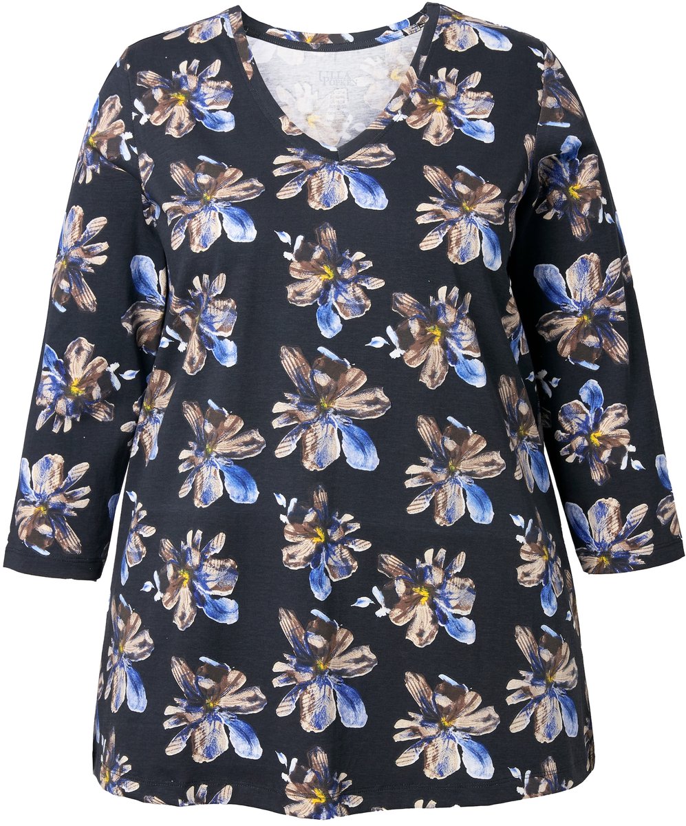 Ulla Popken - Dames - Shirt A-lijn V-hals 3/4-mouwen - Zwart - Maat 42+
