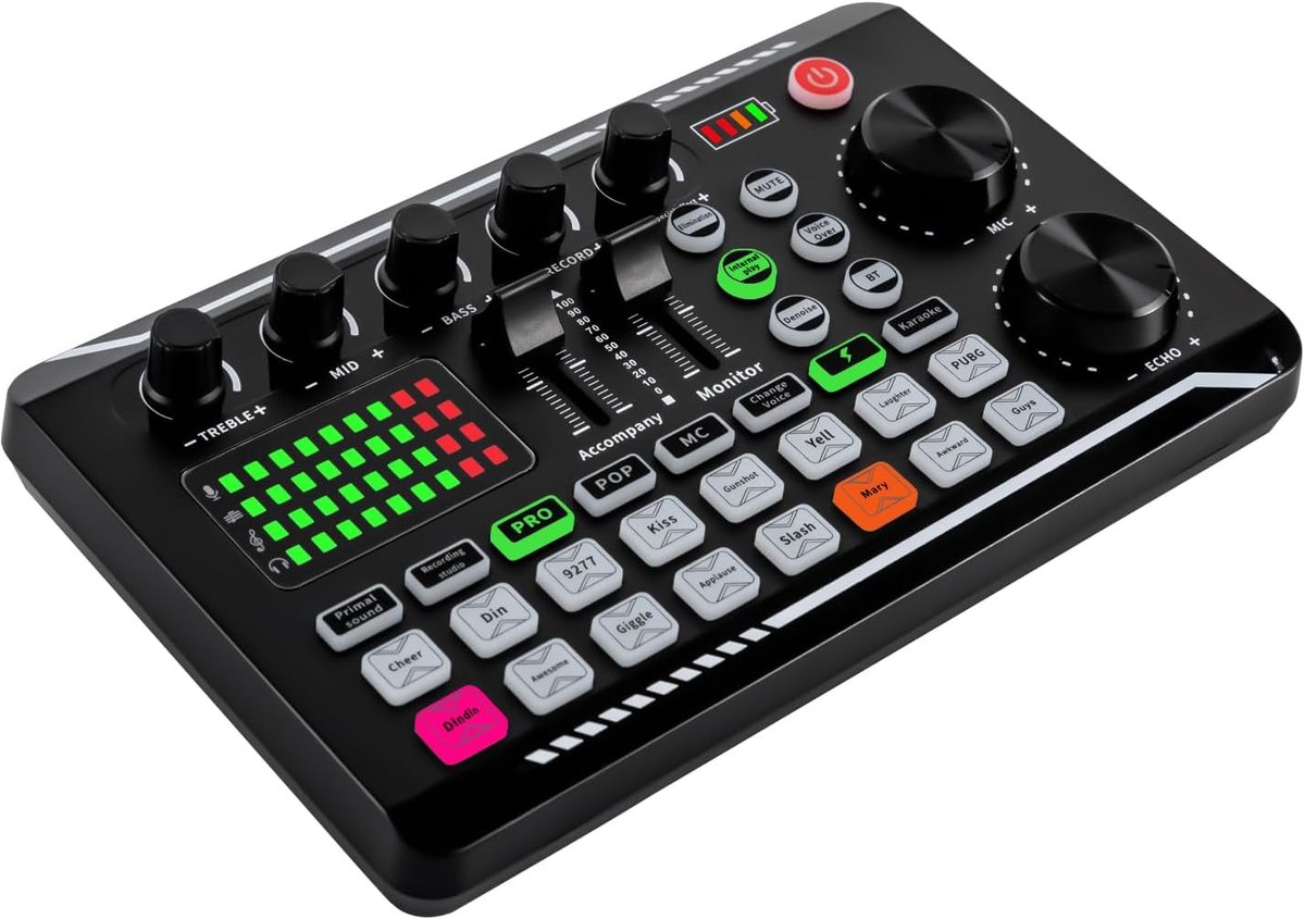 Audio Mixer - Geluidskaart Podcast - Live Streaming - 12 Geluidseffecten - 19 x 11.7 cm - Zwart