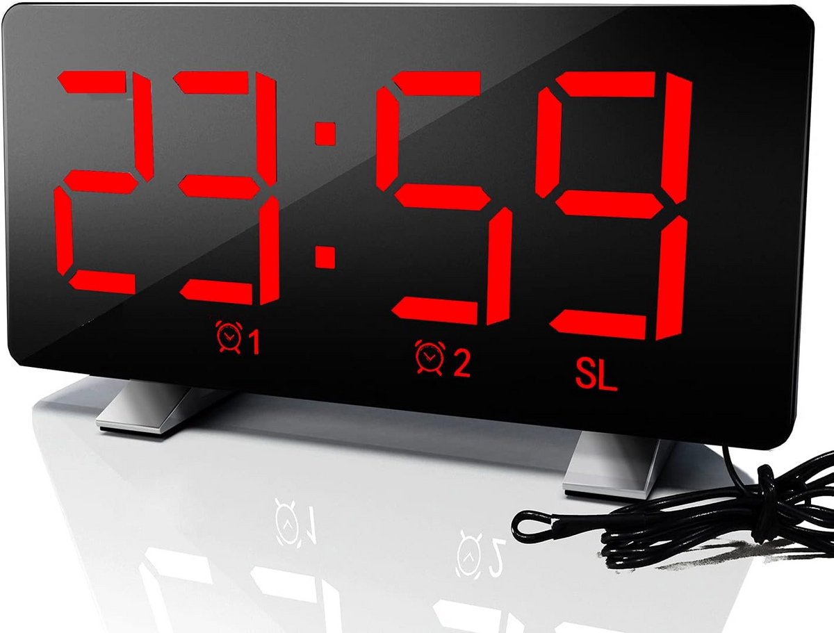 Digitale Wekker - Radio Klok - Wakker Worden - Met USB Oplader - 7.3 Inch Scherm - Rood