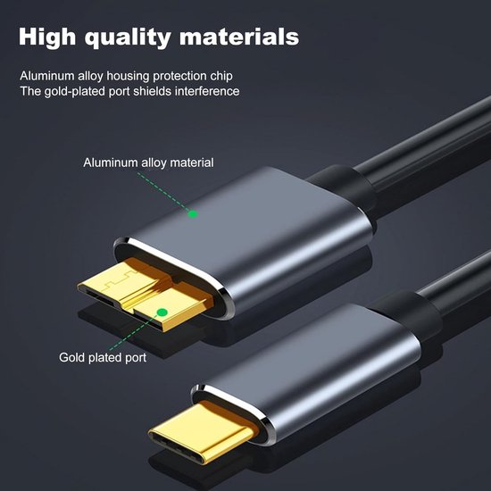 Externe Harde Schijf Kabel - USB C naar Micro-B - Snelle Data Overdracht - 3A Snelladen - 25 cm - Zwart — afbeelding 3