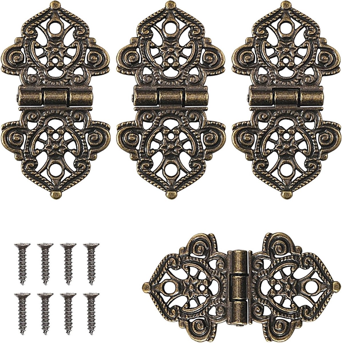 Decoratieve houten scharnieren set van 4 stuks met 28 schroeven voor kasten, deuren en boekenkasten - 2 x 1.5 cm