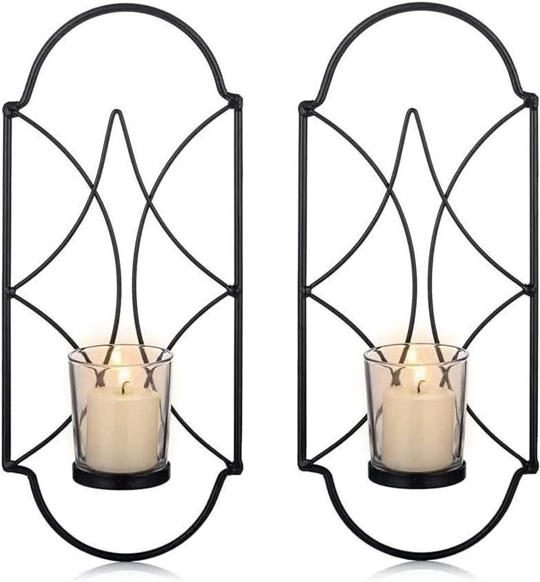 Kandelaar Set - Wandhouder Kaarsen - Sfeer Creëren - Met Glas - 29.5 cm Hoog - Zwart