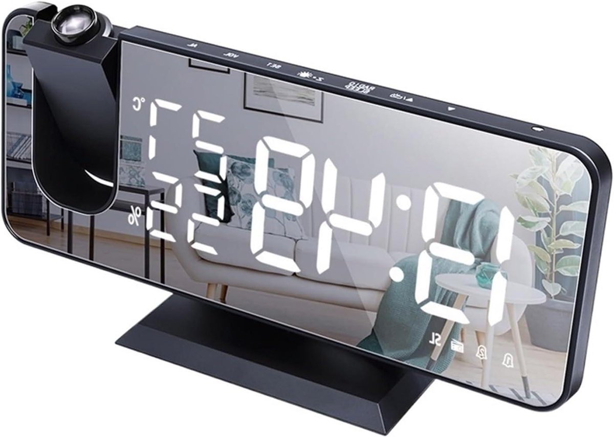 Projectie Klok - Digitale Wekker - Tijd Weergeven - Met FM Radio - 18 cm Lengte - Zwart