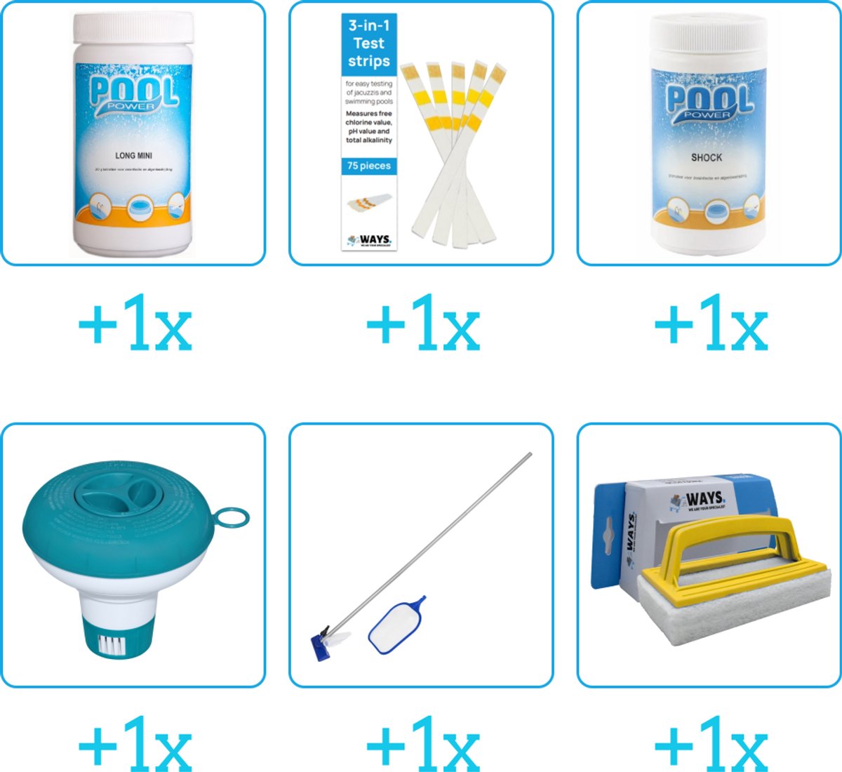 Zwembad Onderhoudspakket - Onderhoud Zwembad - bevat Chloor - Testrips - Chloor - Chloordrijver - Schoonmaakset en Scrubborstel (6-delig)