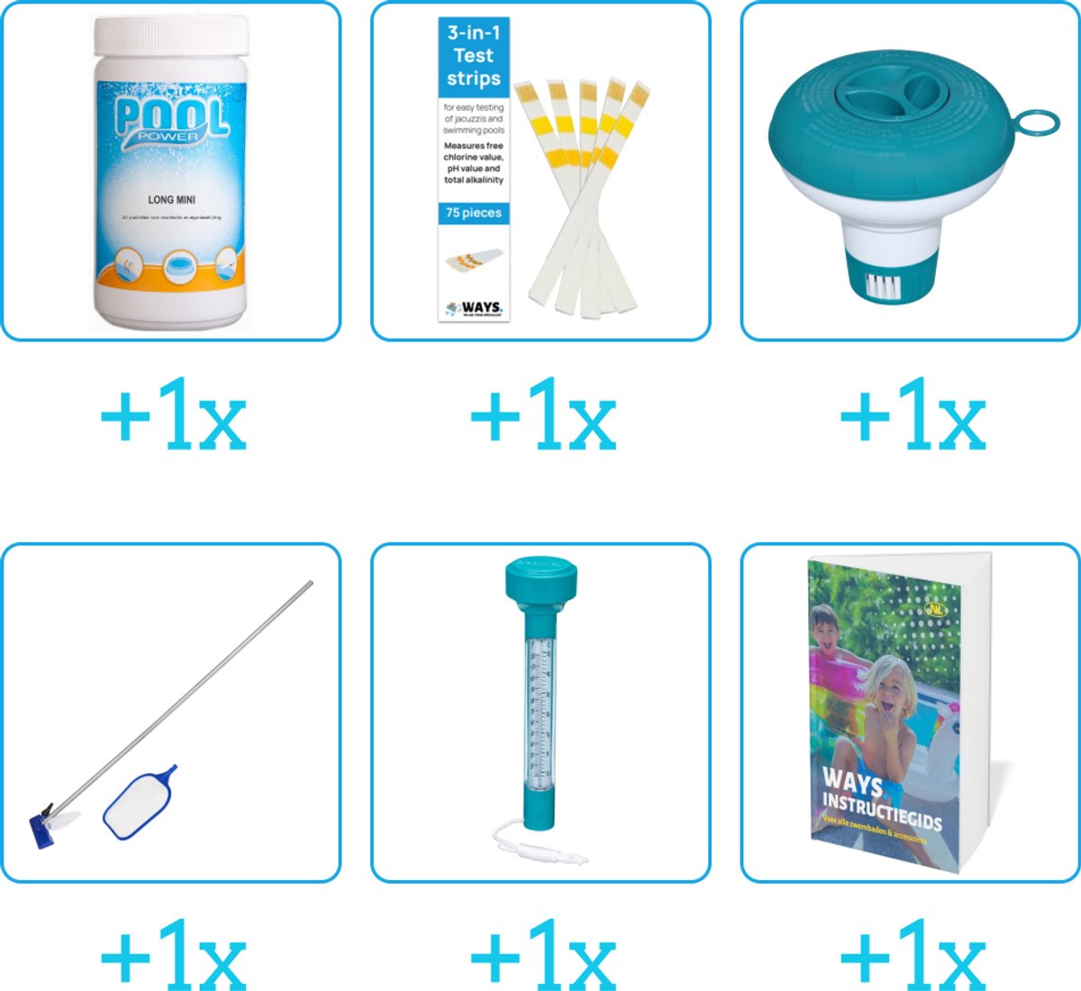 Zwembad Onderhoudspakket - Onderhoud Zwembad - bevat Chloor - Testrips - Chloordrijver - Schoonmaakset - Thermometer en Zwembadgids (6-delig)