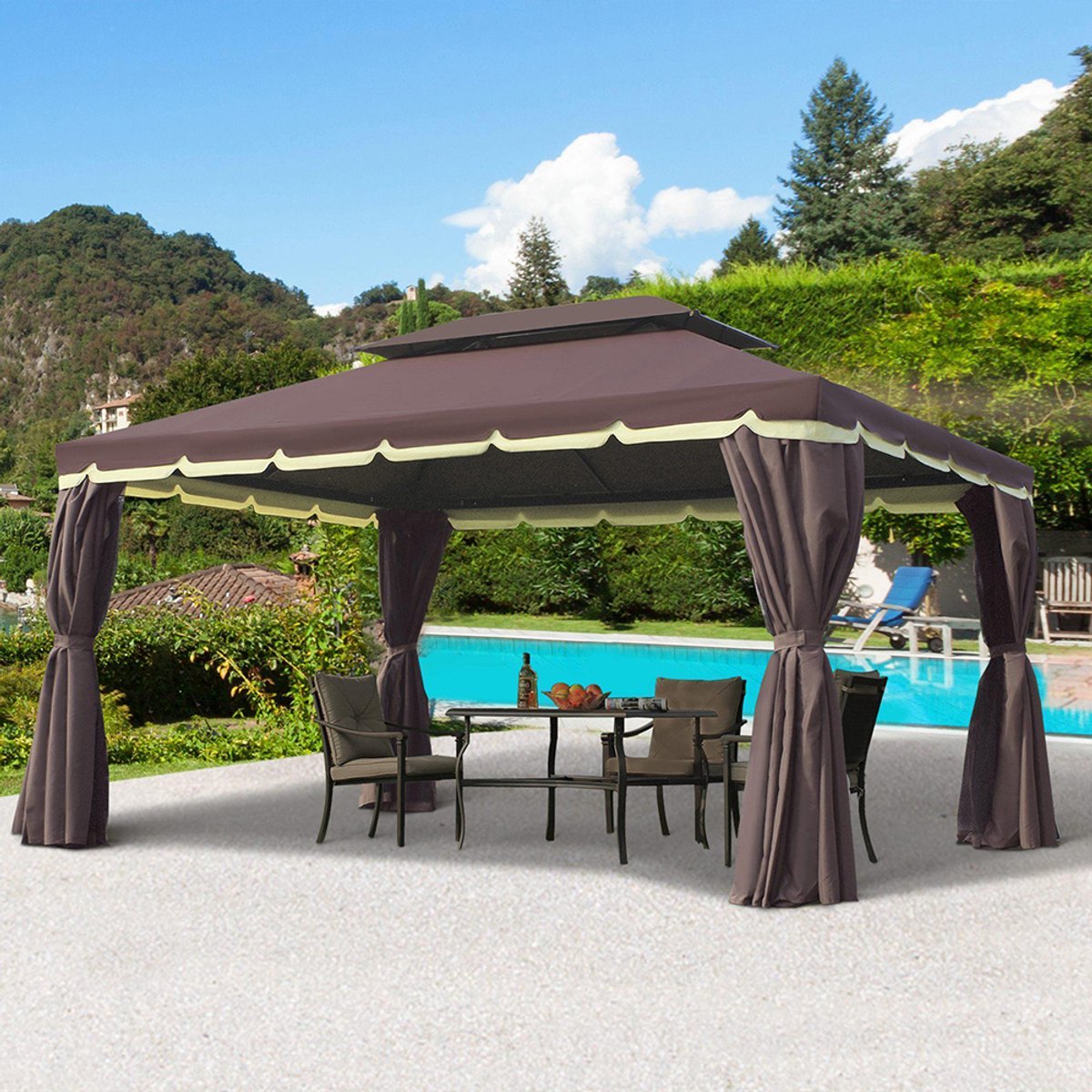 Pugsdrly Tuinpaviljoen paviljoen 390 x 290 x 280 cm tuintent feesttent met 4 x zijwanden muskietennet weerbestendig aluminium polyester koffie+zwart
