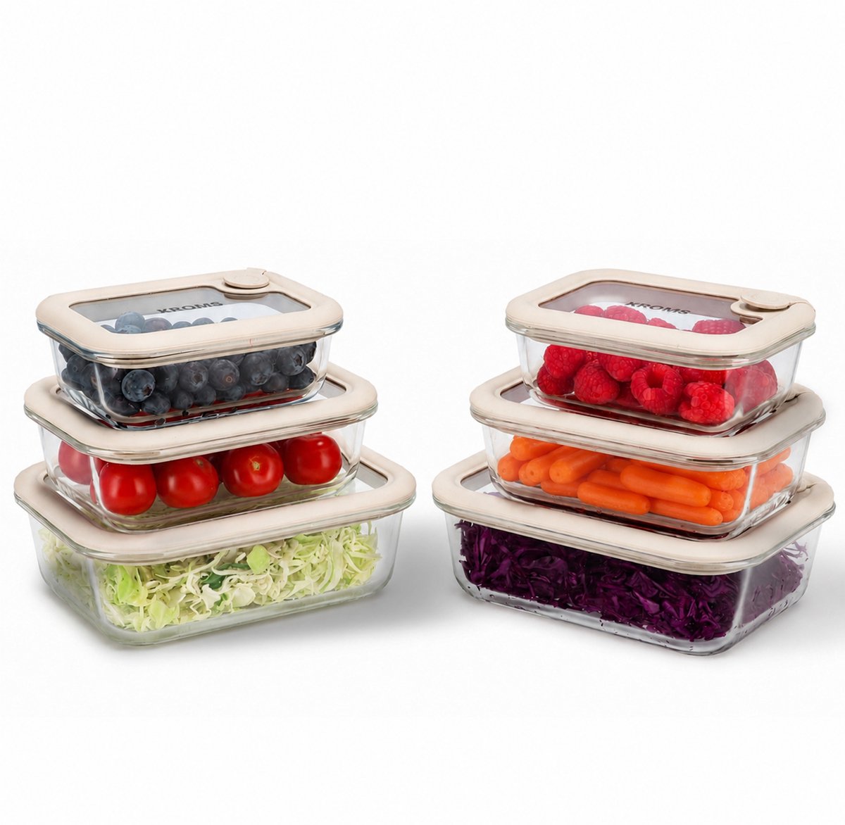 KROMS Glazen vershoudbakjes set 6 stuks - 100% glas Inclusief glazen Deksel - BPA Vrij - Lunchbox en meal prep containers - Glass container food - Magnetron oven vriezer vaatwasser