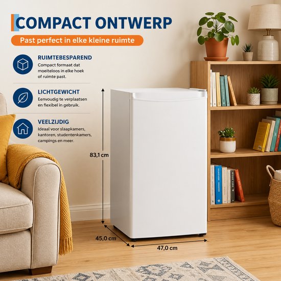 Celestul Mini Koelkast 90L - Koelkast met Vriesvak - Stille Minibar 41 dB - Compacte Koelkast voor Slaapkamer, Kantoor & Studentenkamer - Wit — afbeelding 2