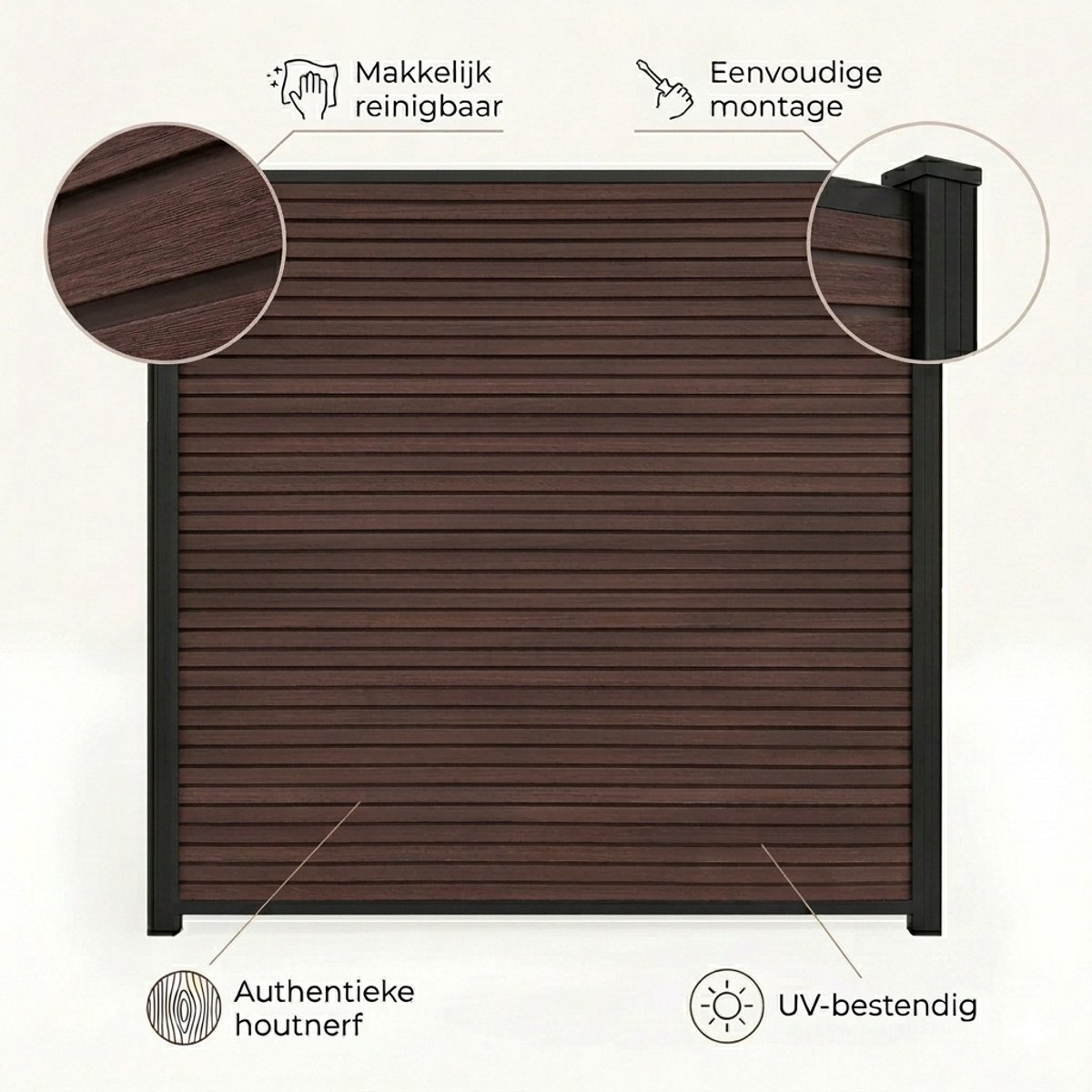 Schutting - Donker eiken - Composiet schutting - Aluminium palen - COMPLETE SET schuttingd