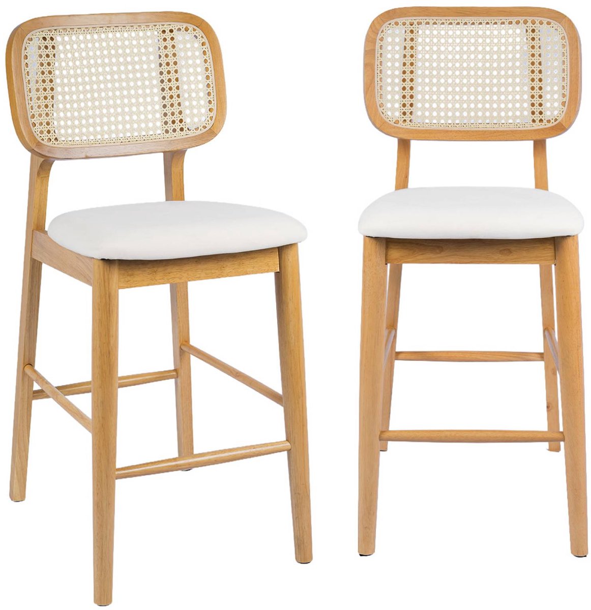 sweeek - Set van 2 barkrukken van rubberhout met rotan en stof 66,5 cm - mani