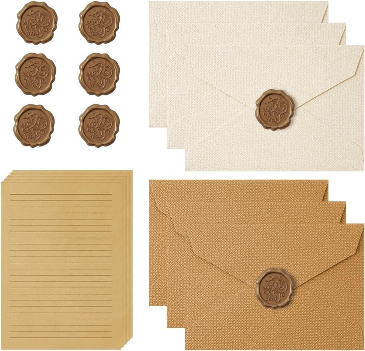 Set van 22 Vintage Briefpapier Enveloppen met 10 A5 Gelijnde Vellen, 6 Linnen Enveloppen en 6 Waszegels voor Uitnodigingen en Liefdesbrieven