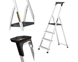 Drabest PRO-SERIE LADDERS Aluminium Trapladder 4 en -Step Huishoudladder 150kg - Aluminium Trapladder met Antislipvoeten & Werkladderplatform – Ladders Multifunctioneel – 43 x 145 x 12cm