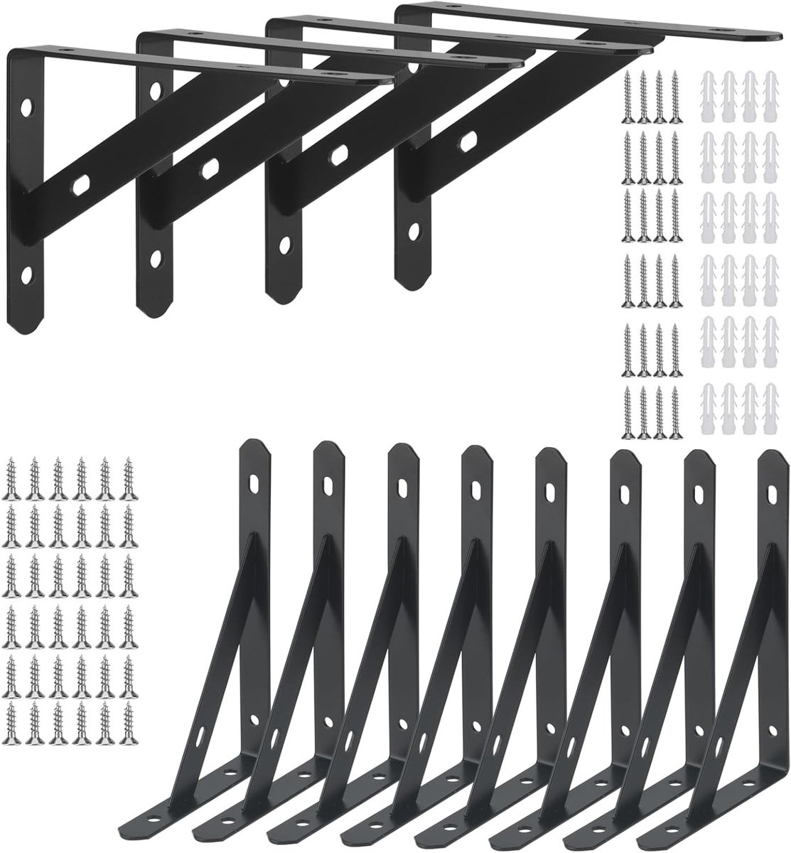 Set van 12 Zwarte Metalen Hoeksteunen voor Planken - 150 mm, 90 Graden, Inclusief Schroeven, Geschikt voor Wandmontage en Gipsplaten, Belastbaar tot 30 kg