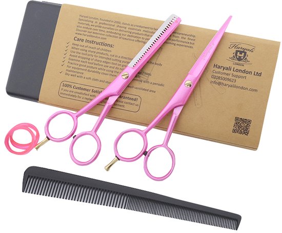 Haryali London 6" Professionele Roze Haarschaar Set | Linkshandige Kappersschaar voor Knippen & Uitdunnen met Vaste Spanning | Kappersschaar Set met Vingerinzetstukken & Kam voor Salon & Thuisgebruik