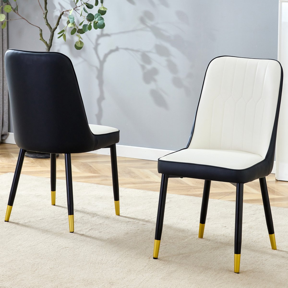 Clruro Eetkamerstoelen - Set van 2 - PU Leder Rugleuning Eetkamerstoel Zwart Wit Design - Modern Design Veelzijdig Gebruik - PU Leer Metaal - Zwart Wit Wit+Zwart