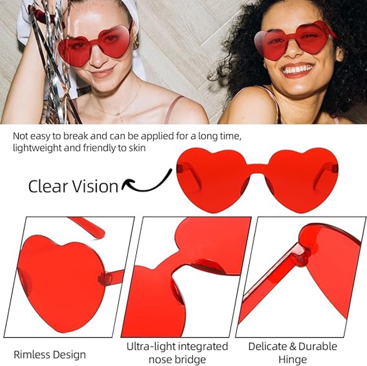 12 paar unisex hartvormige zonnebrillen, stijlvolle, frameloze, transparante hartvormige zonnebrillen, feestartikel - rood