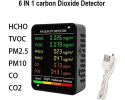 6-in-1 – Luchtkwaliteitsmonitor – HCHO, TVOC, PM2.5, PM10, CO, CO2 – Multifunctionele luchtkwaliteitsdetector – Koolstofdioxide- en formaldehyde-monitor – Groot LCD-scherm – Draagbaar – Luchtkwaliteitstester – Zwart