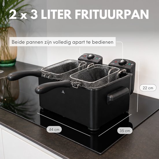Zwarte dubbele frituurpan, 2x 3 liter, met aparte mandjes en bedieningselementen. Afmetingen: 44x35x22 cm.