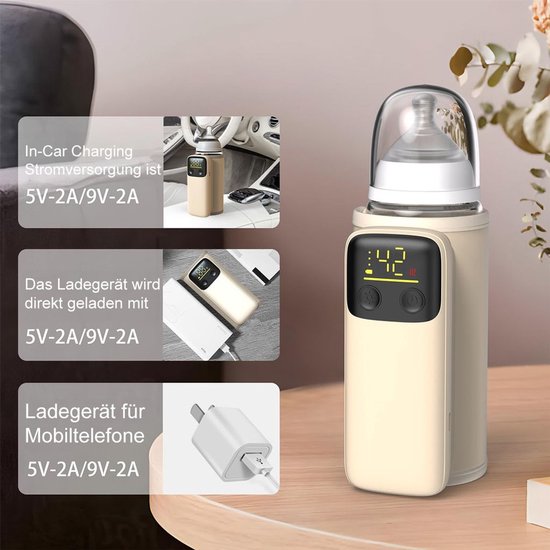 Draagbare flessenwarmer voor baby's met een ingebouwde 8000mAh-batterij, die moedermelk 4-8 uur warm kan houden, draadloze verwarming en een led-display. — afbeelding 2