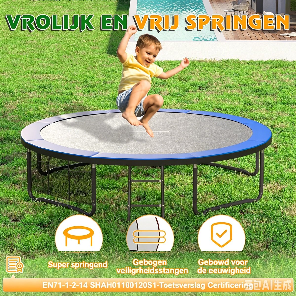 Devoko Trampoline 228 cm / 7.5 ft – Ronde Tuintrampoline met Veiligheidsnet & Ladder, Max. Belasting 50 kg, Diameter 190 cm, Kindertrampoline – Blauw — afbeelding 8