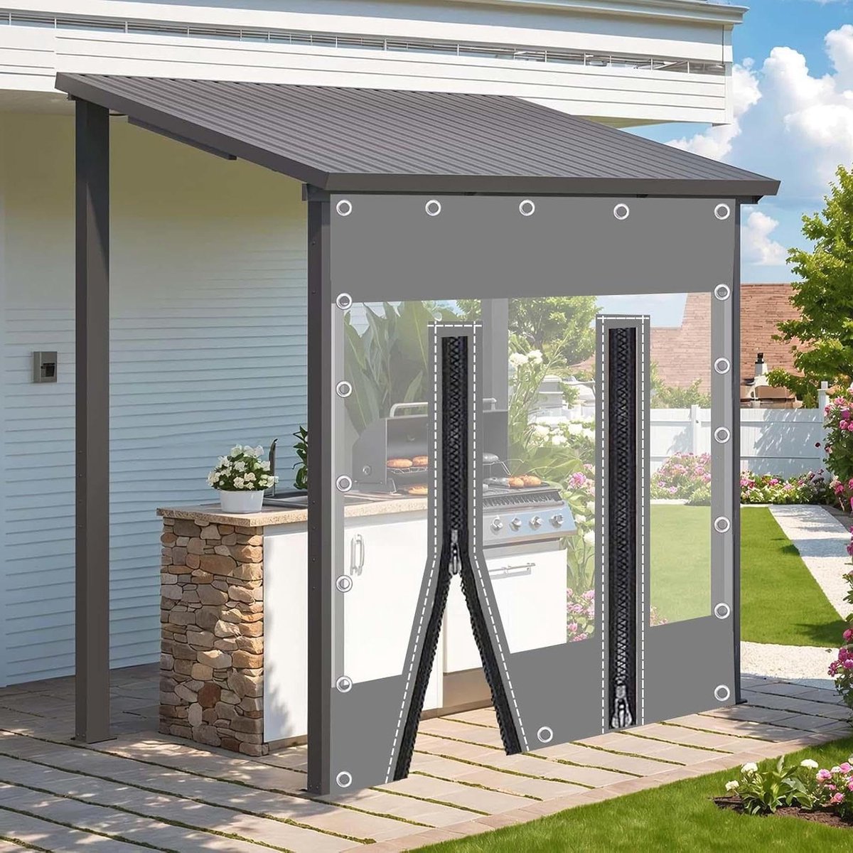 Doorzichtig Zeildoek - Buiten Gordijn - Terras Beschermen - Met Ritsen - 48 x 22 m - Grijs