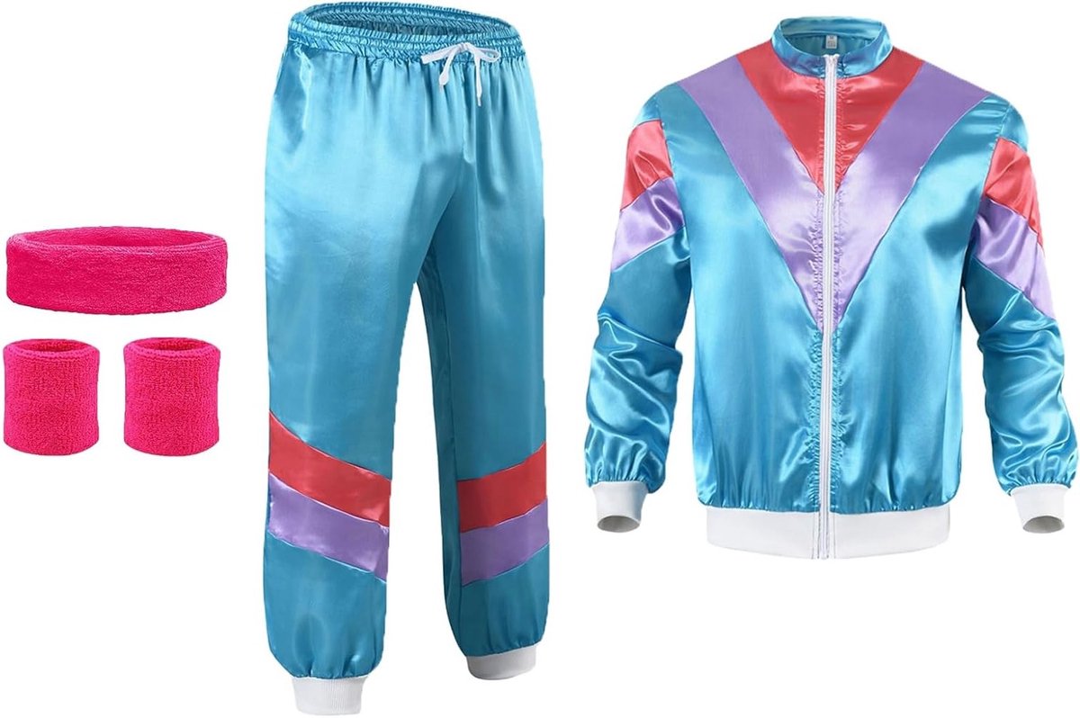 80s Outfit voor Feestjes, Retro Tracksuit Kostuum, Jogging Suit en Accessoires voor Carnaval