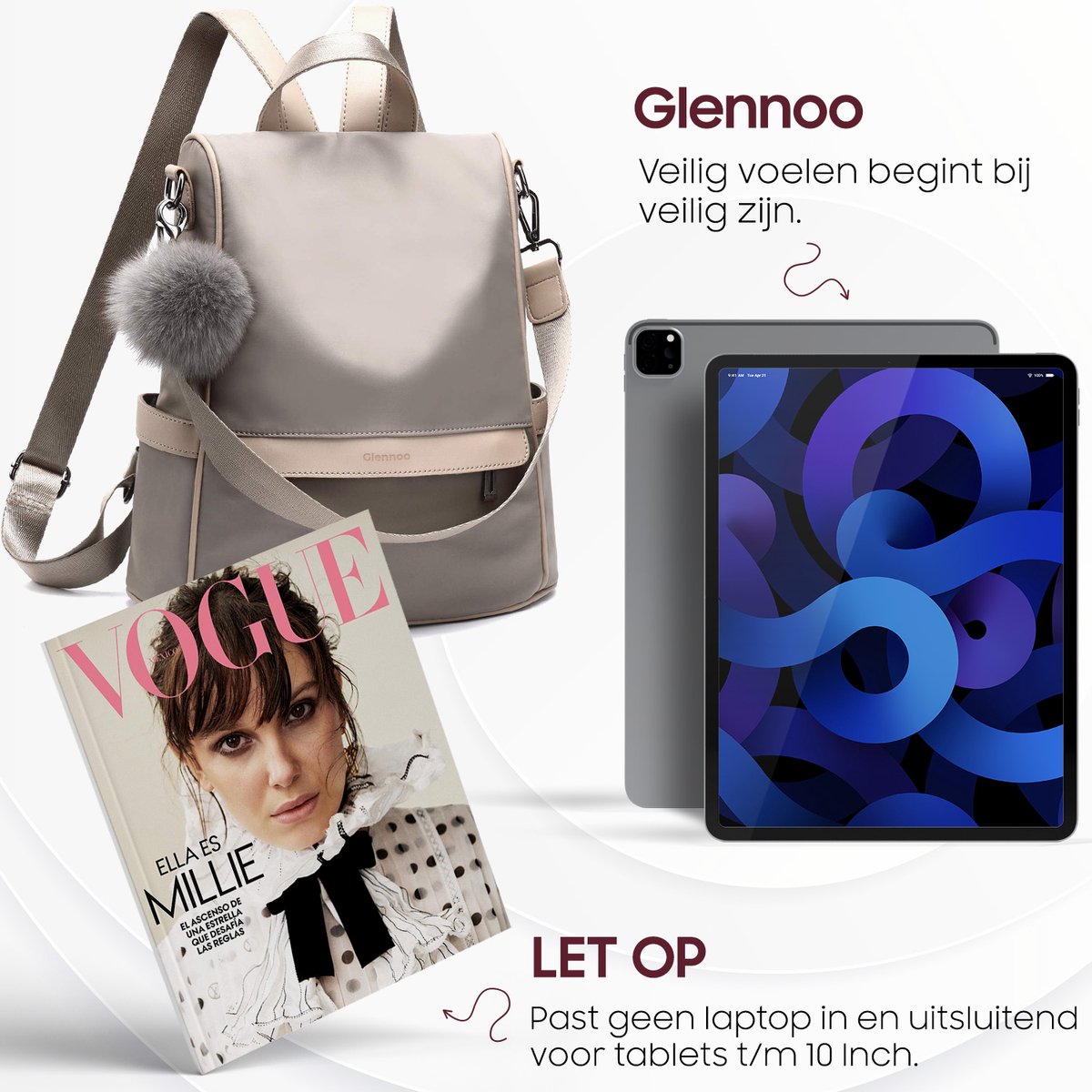 Glennoo Anti-diefstal rugzak - Rugtas dames - Waterdicht - Klein - Anti-theft backpack - Nylon - Beige – foto 2