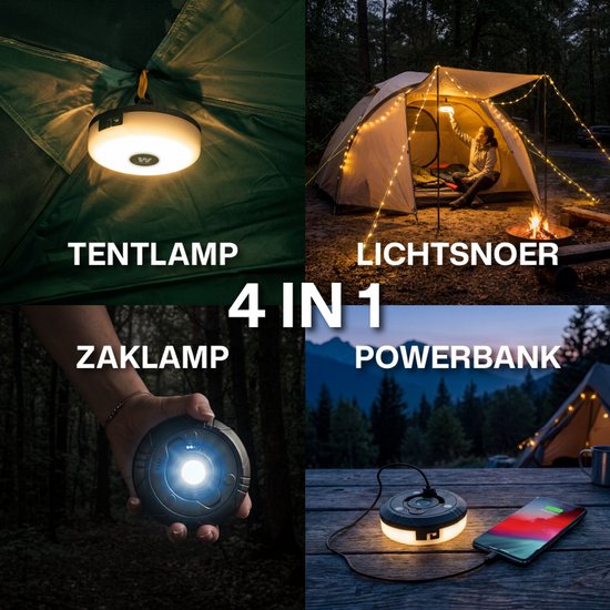camping lamp, lichtsnoer, zaklamp, powerbank (4in1) kampeerlamp met lampjes slinger voor buiten - campinglamp oplaadbaar met USB C - tentlamp verlichting van Merkloos — afbeelding 2