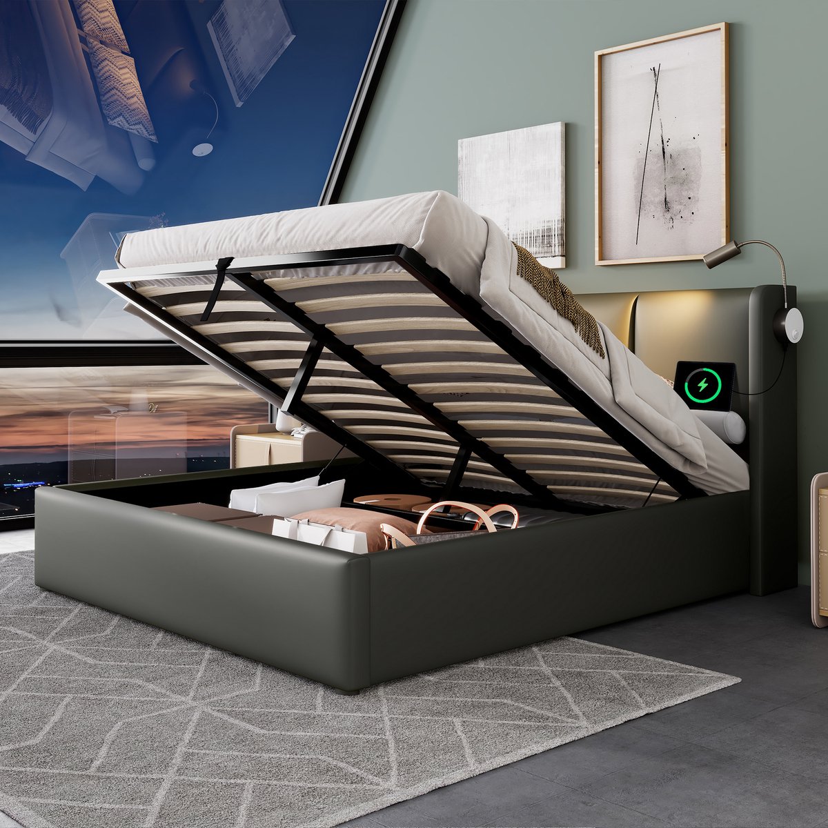 MODFU Tweepersoonsbed Met Opbergruimte En Leeslamp - Modern - Slaapkamer - Kunstleer - Gri