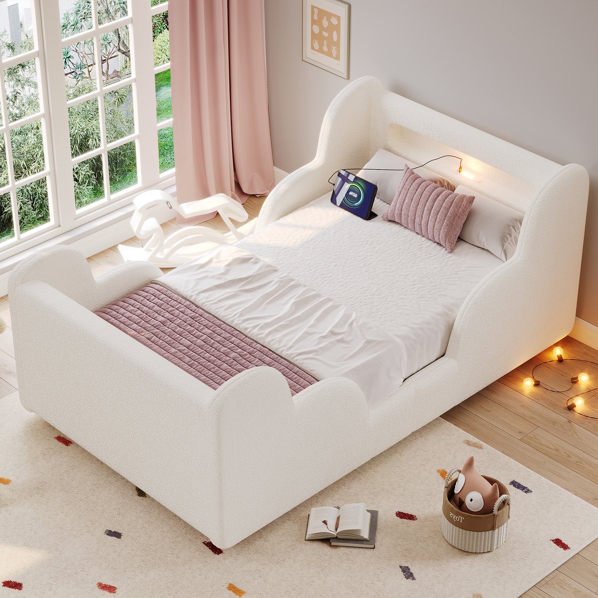 MODFU Wolkvormig Kinderbed 90x200 cm – Met veiligheidshek & nachtlampje – USB-C oplaadpunt – Bouclé beige – Zacht en veilig