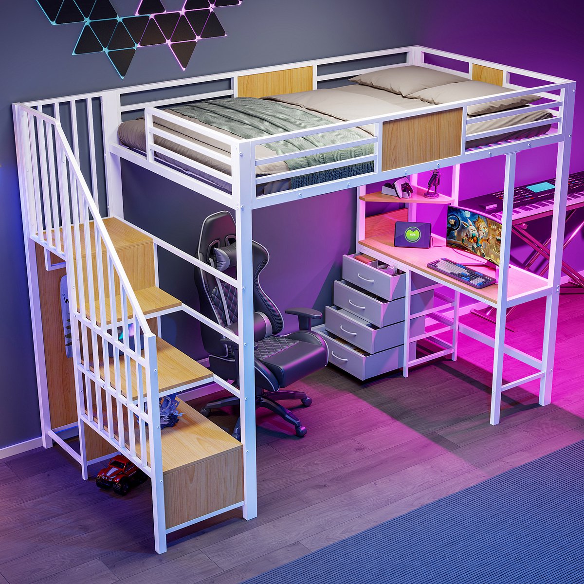 MODFU Hoogslaper Met Bureau En Opbergvakken - Met Kledingstang En Ledverlichting - Modern - Metaal - Wit - 90 X 200 Cm